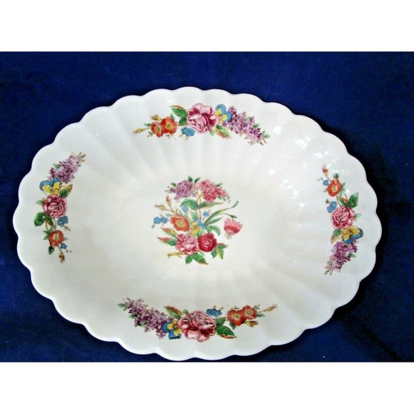 Limoges American Wales Pattern Oval Serving Bowl Floral Medallion Scalloped Rim - Picture 1 of 10
